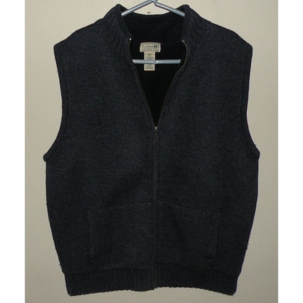 L.L. Bean Men’s Large Lambs Wool Blend Zipper Vest Dark Gray Ribbed Collar Waist